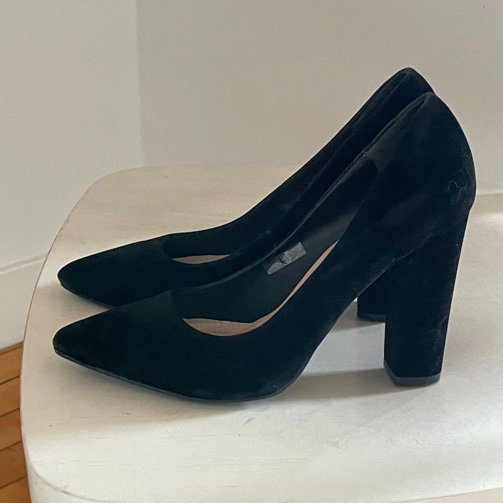 sleek black suede block heels • size 8.5 / 39